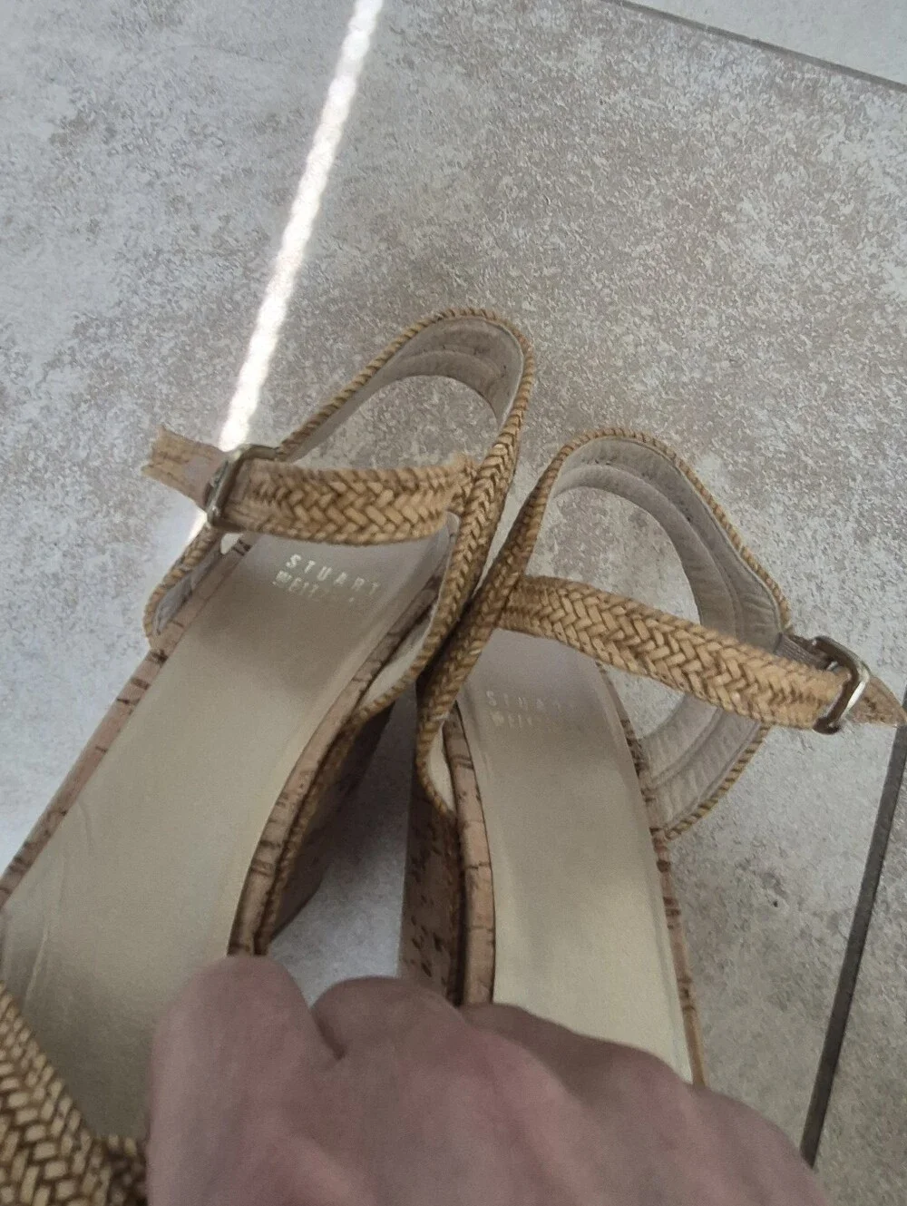 Stuart Weitzman Minx Camel Woven Cork Wedge Sandals Size 7.5 - Picture 10 of 16